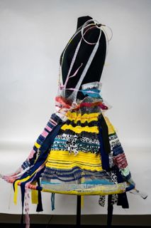 "A bit too close aren't you?" Keeping people at bay with a large hoopy dress Monofilament double weave with textile scraps, pvc pipe etc