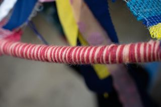 "A bit too close aren't you?" Keeping people at bay with a large hoopy dress Monofilament double weave with textile scraps, pvc pipe etc